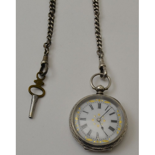 21 - A silver pocket watch decorative dial with Roman numerals with silver double Albert chain with silve... 