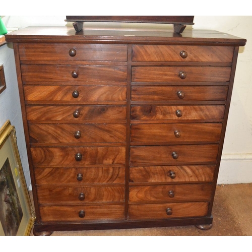 330 - A 19th century mahogany finished 18 drawer chest on squashed bun feet 95 x 90 cm