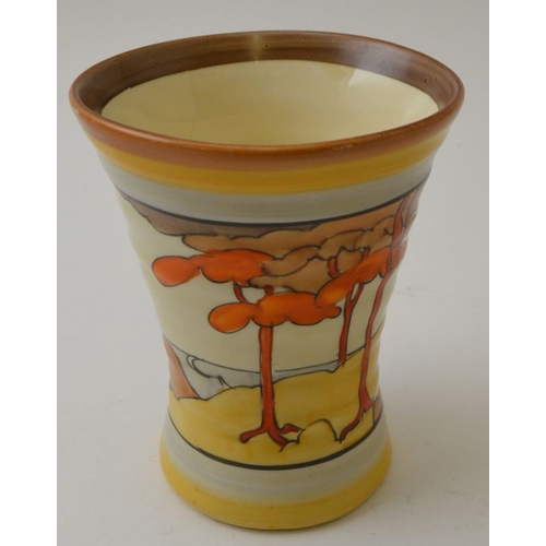 42 - A Clarice Cliff Coral Firs pattern, hand painted pottery vase of waisted form, bears printed Clarice... 