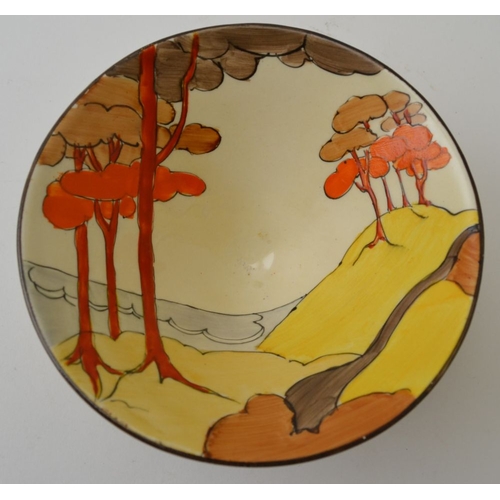 44 - A Clarice Cliff Coral Firs pattern Bob-Bon dish of conical form raised on four disc feet, hand paint... 