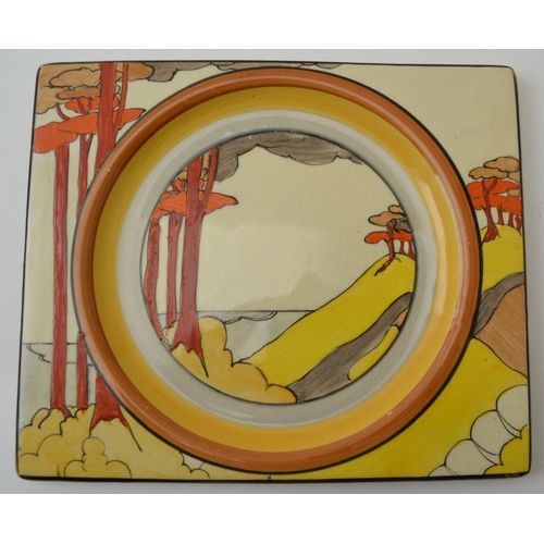 46 - A pair of Clarice Cliff Coral Firs pattern, rectangular Biarritz shape, hand painted pottery plates,... 