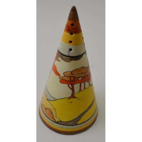 50 - A Clarice Cliff Coral Firs pattern, hand painted pottery conical sugar sifter, bears Clarice Cliff B... 