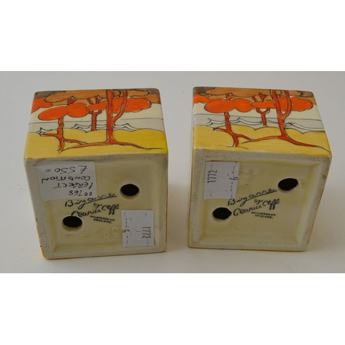 53 - A pair of Clarice Cliff Coral Firs pattern hand painted pottery cube form candle holders, pattern nu... 