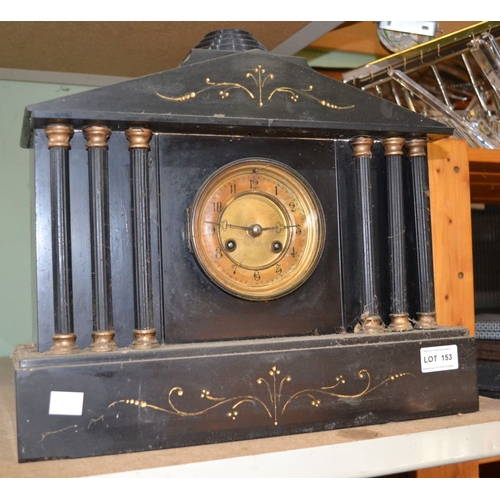 153 - A black slate mantel clock plus another wooden example