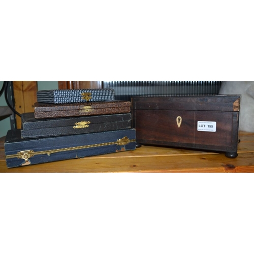 155 - A 19th century wooden box for restoration with contents and four boxes of flatware