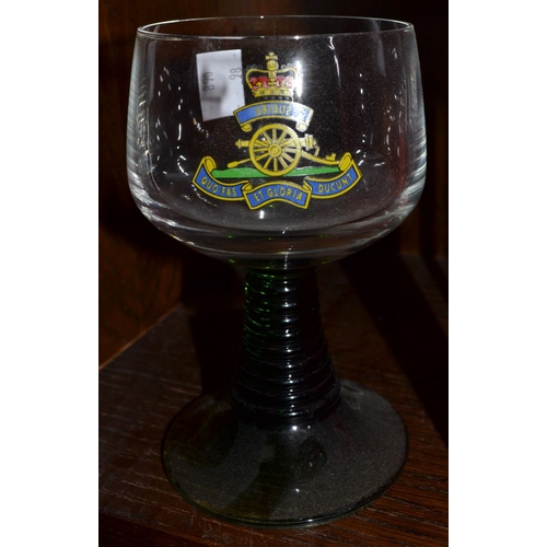 274 - A set of six Royal Artillery green stemmed wine glasses