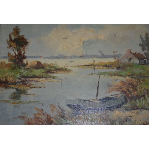 365 - Oil on canvas of an estuary scene with a boat in the foreground, framed not glazed