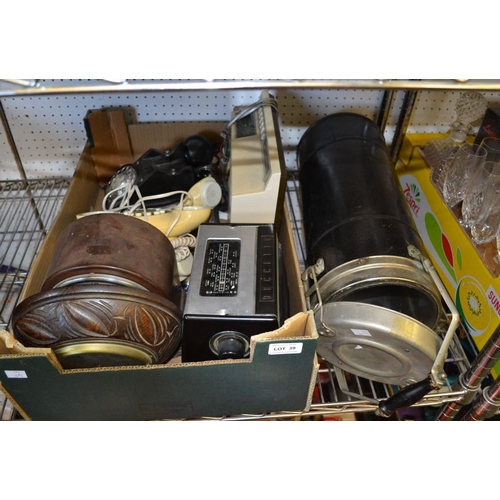 39 - Box of mixed domestic items including series 300 vintage telephones a Bakelite telephone and a large... 