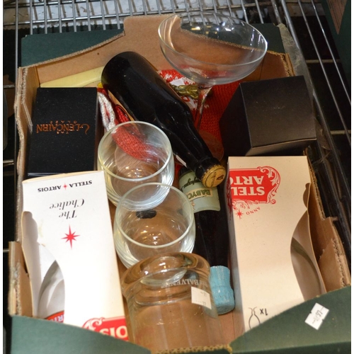 43 - A small box containing drinks glasses Babycham etc