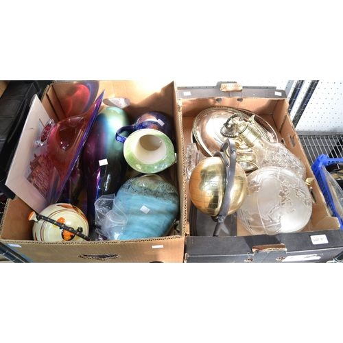 57 - Two boxes containing two globes, a decanter tray, a silver plated chafing dish etc