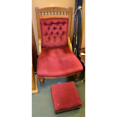 79 - A Victorian oak framed button backed ladies chair and footstool ensuite