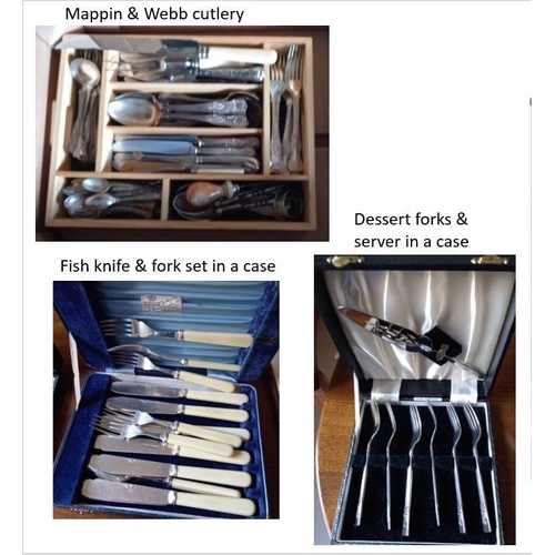 131 - A box of plated cutlery mostly Kings pattern, together with a silver plated cased set of fish knives... 