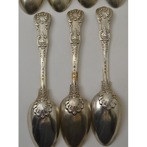 102 - William Eaton, three early Victorian cast silver dessert spoons, Kings pattern, London 1844, togethe... 