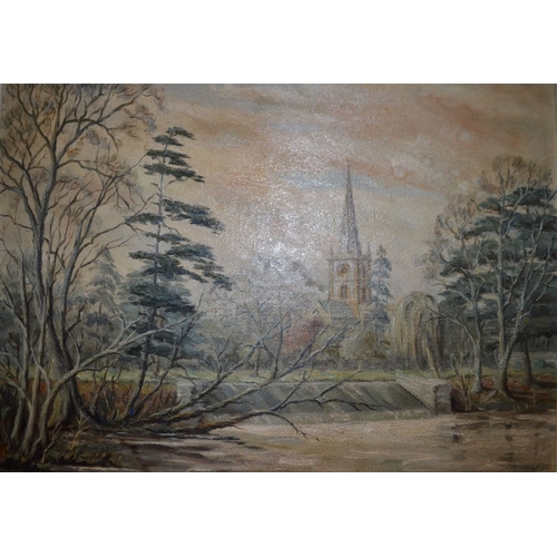 186 - An original oil on canvas of Holy Trinity Stratford by John D Blizard plus another