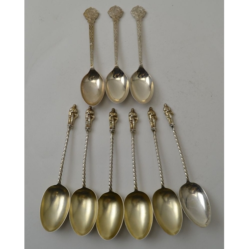 99 - George Unite, a set of six silver apostle coffee spoons, Birmingham 1891 together with three Cooper ... 