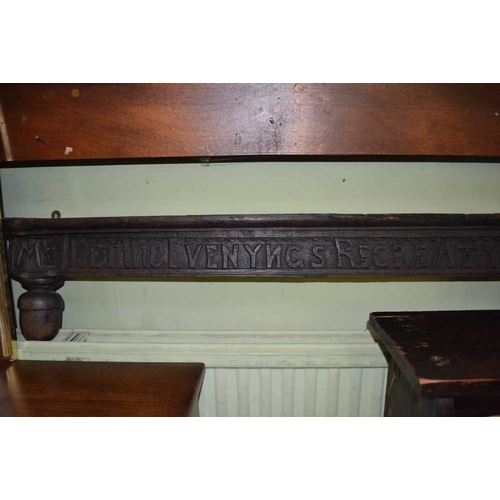 185 - 18th century tester bed top rail later carved with a humorous verse - 