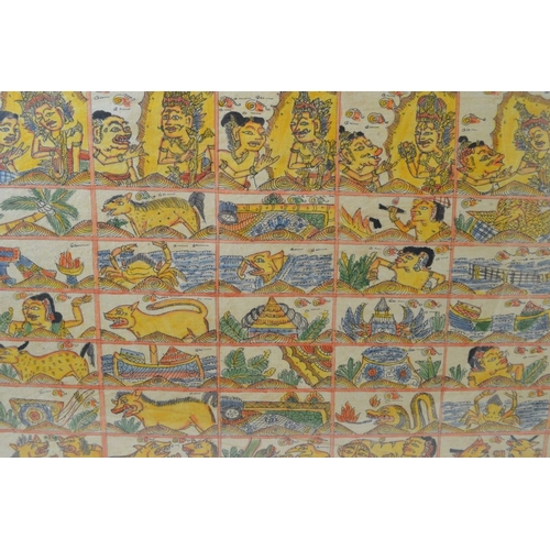 114 - An Indonesian coloured panel on fabric, divided into sections, considered to be a calendar, 38cm x 7... 