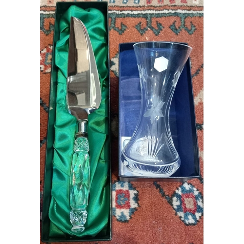 125 - Stuart Crystal rose glass container boxed plus Galway Irish Crystal cake knife boxed