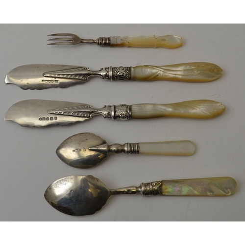 13 - Two Victorian silver bladed butter knives,  two Victorian silver jam spoons, all with mother-of-pear... 