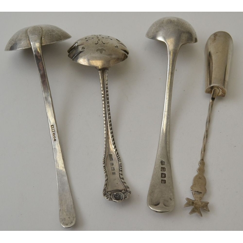 16 - Two silver condiment ladles, a silver sifting ladle, and a Continental white metal scoop, with Malte... 