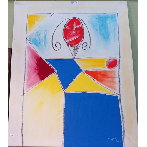 214 - A modern abstract painting of a woman on canvas indistinctly signed