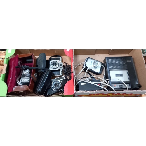 256 - Box of vintage cameras, Kodak Brownie 44a & Dakon lens, Pouillard-Bolex hand held cine movie film, C... 