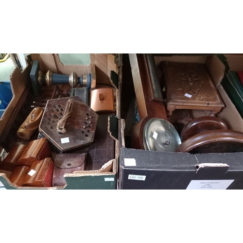 259 - Two boxes of wooden wares to include a barometer, stool, squeeze box etc