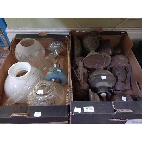 261 - Two boxes of lamps, shades, funnels etc