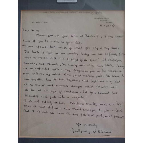 278 - 'Montgomery of Alamein' a hand written letter (1967) in reply to a REME tank commander's concerns fo... 