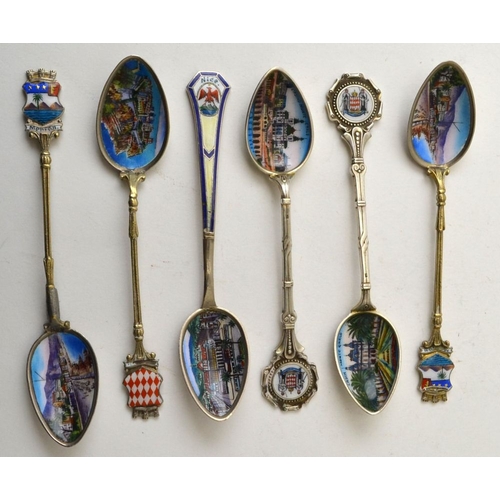 29 - Six Continental white metal & enamelled commemorative spoons, two for the casino in Monte Carlo, tog... 