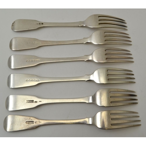 34 - A matched set of six silver fiddle pattern dinner forks, including three by Thomas Wilkes Barker, Lo... 