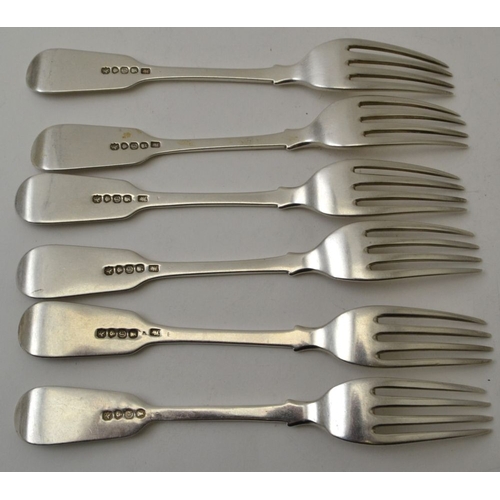 36 - John James Whiting, A set of six silver fiddle pattern dessert forks, London 1838, monogrammed, comb... 