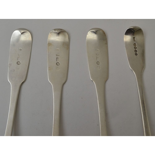 41 - Thomas Watson, three silver fiddle pattern soup/table spoons, Newcastle 1825, 210g, together with a ... 