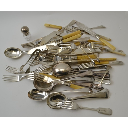 45 - A quantity of silver plated flatware, includes bone handled fish knives and forks, soup spoons, moth... 