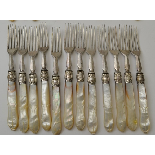 51 - Mother of Pearl handled plated dessert knives & forks set for 12