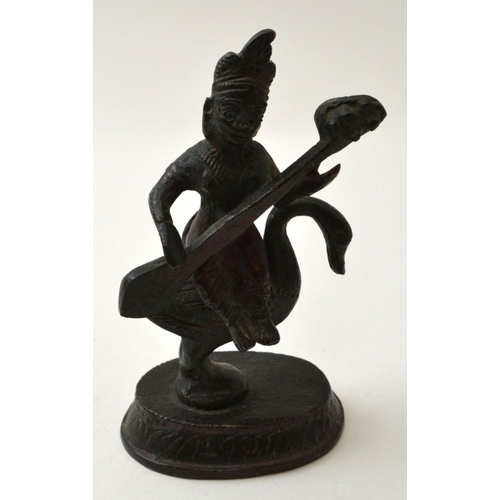 79 - Two cast bronze Far Eastern musician figures, on raised bases, the tallest seated upon a swan, 10cm ... 