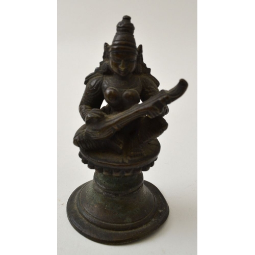 79 - Two cast bronze Far Eastern musician figures, on raised bases, the tallest seated upon a swan, 10cm ... 