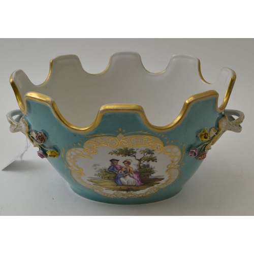 86 - A 19th century continental porcelain Monteith, duck egg blue ground, painted to each side with a gil... 