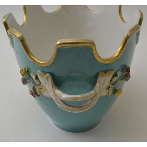 86 - A 19th century continental porcelain Monteith, duck egg blue ground, painted to each side with a gil... 