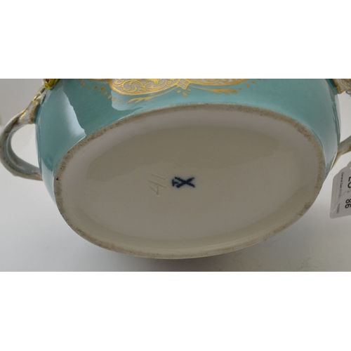 86 - A 19th century continental porcelain Monteith, duck egg blue ground, painted to each side with a gil... 