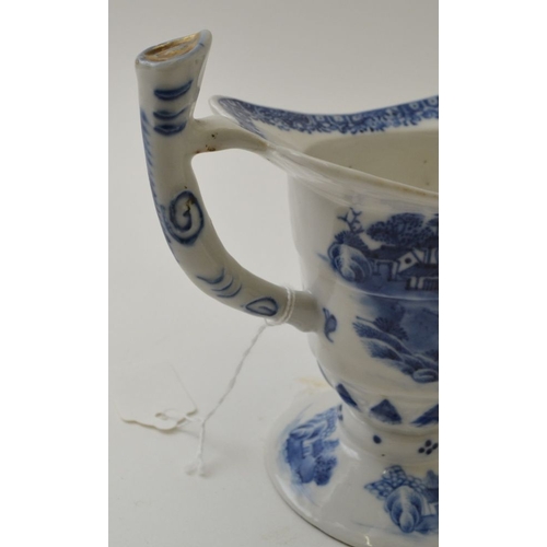 92 - A Chinese porcelain, helmet shaped creamer, blue on white landscape decoration, possibly Qianlong, 1... 