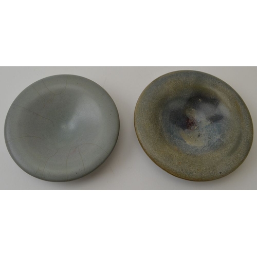 93 - Two Chinese Sung Jun ware small shallow dishes on stepped bases, in celadon colour glaze, the larges... 