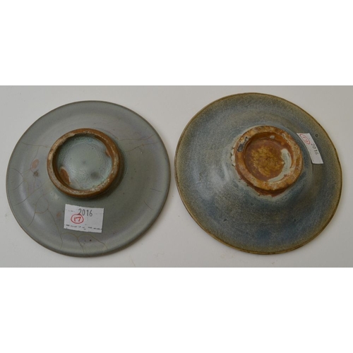 93 - Two Chinese Sung Jun ware small shallow dishes on stepped bases, in celadon colour glaze, the larges... 