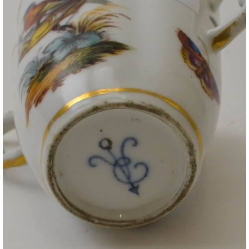 98 - A German porcelain two handled cup, hand painted bird and butterfly decoration, monogrammed for Augu... 