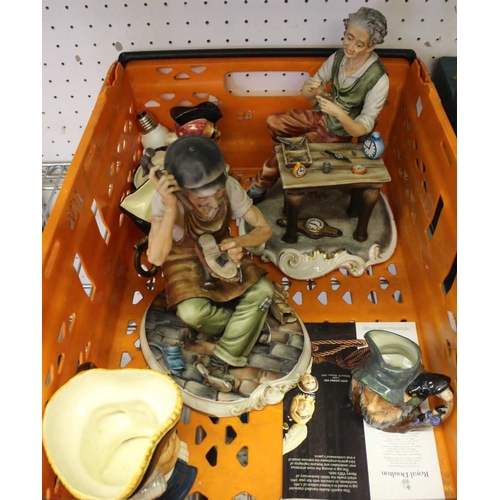 163 - A box containing Royal Doulton character jugs, and Capo-di-monte figurines