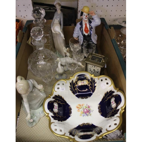 164 - A box containing Lladro, cut glass, brass carriage clock, Continental fruit bowl, etc.