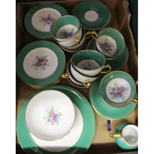 167 - A Limoges part tea set, jade green edge with floral decoration