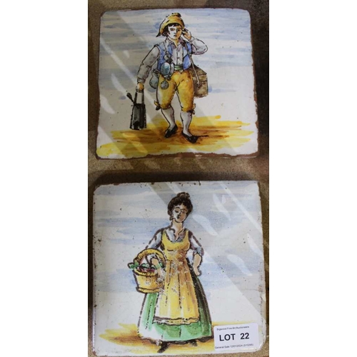 22 - A pair of tin glazed terracotta tiles probably Dutch 15cm square