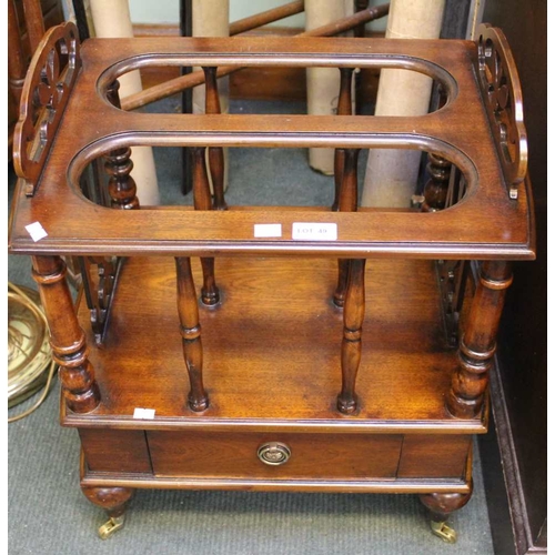 49 - A reproduction mahogany canterbury, fitted drawer to base, 48cm wide