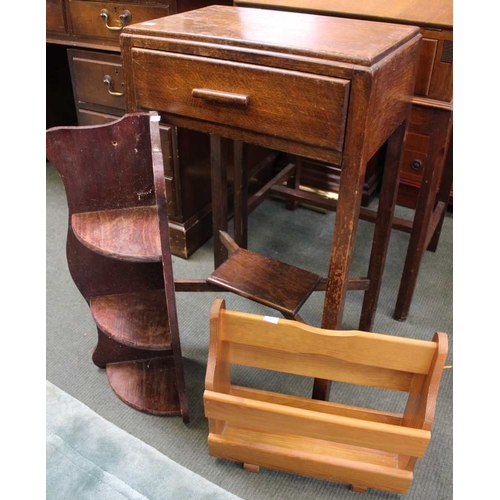 74 - Oak lamp table a magazine rack and a corner shelf unit